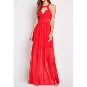 NWT BCBGeneration Size 8 Surplice Lace Maxi Evening Dress Gown Red Halter Neck